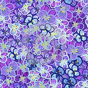 Purple flowers of viola, pansies. Fashion fabric pattern with miniature flowers. Botanical seamless print with various