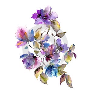 Watercolor purple flowers. Autumn florals. Floral background. Autumn floral design. Floral greeting card. photo