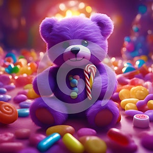 Purple fluffy teddy bear standing in a magical candy land generated by Ai