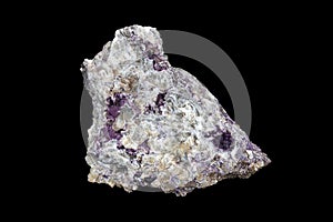 Purple fluorite and giant white calcite crystals. Black background.