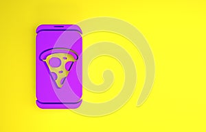 Purple Food ordering pizza icon isolated on yellow background. Order by mobile phone. Restaurant food delivery concept