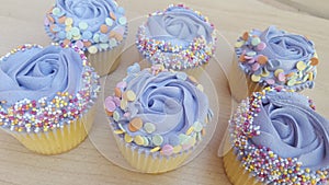 Purple frosted cupcakes with sprinkles