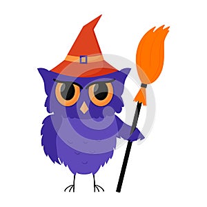 A purple frowning owl in a red hat and with a witch`s broom. Color flat cartoon vector illustration isolated on a white backgroun