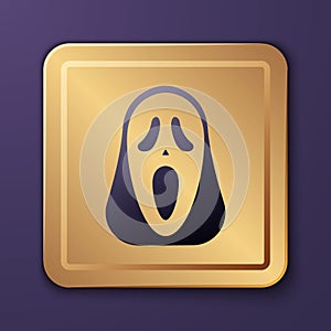 Purple Funny and scary ghost mask for Halloween icon isolated on purple background. Happy Halloween party. Gold square