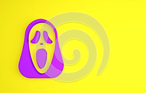 Purple Funny and scary ghost mask for Halloween icon isolated on yellow background. Happy Halloween party. Minimalism