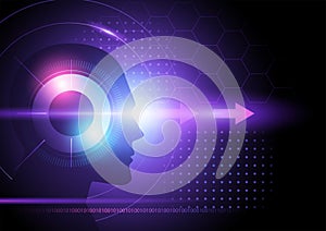 Purple futiristic background with human head and arrows