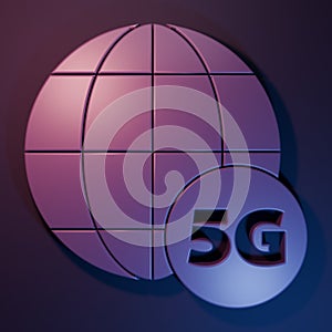 Purple 5G new wireless internet wifi connection icon isolated on purple-blue background. Global network high speed