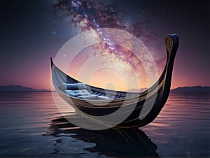 Purple Galactic Gondola. Surreal Cosmic Boat. AI generated