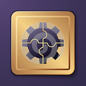 Purple Gear icon isolated on purple background. Cogwheel gear settings sign. Cog symbol. Gold square button. Vector