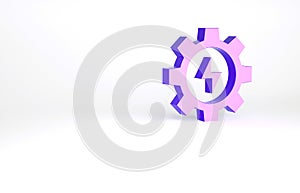 Purple Gear and lightning icon isolated on white background. Electric power. Lightning bolt sign. Minimalism concept. 3d