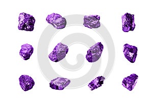 Purple gem stones white background isolated close up, raw gemstones, mineral samples, amethyst, sapphire, topaz, spinel, tanzanite