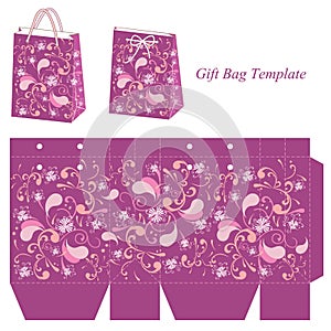 Purple gift bag template with seamless pattern