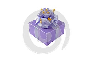 Purple gift box with ribbon bow and mimosa flowers isolated on white