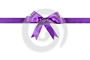 Purple gift ribbon bow straight horizontal isolated on white background