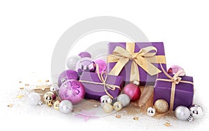 Purple Gifts with Assorted Size Christmas Balls