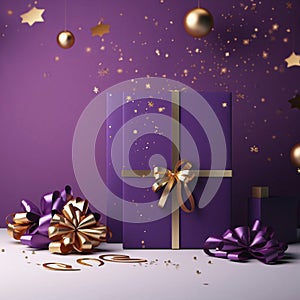 Purple Gifts, Gold and Purple Cocards, Gold Stars, Bombs, confetti.Valentine's Day banner with space for your own co