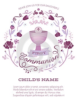 Purple Girl's First Holy Communion Invitation with Chalice and Flowers