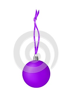Purple glass ball hanging on ribbon on white background isolated close up, violet Ð¡hristmas tree decoration, shiny round bauble