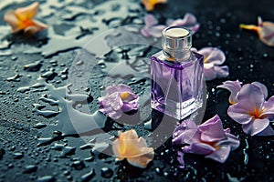 Purple glass perfume bottle standing on the dark wet stones among flower petals