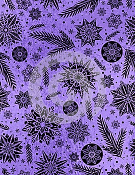 Purple glitter Christmas background with black snowflakes and st