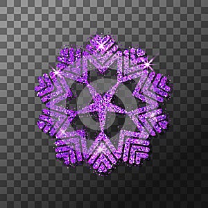 Purple glitter shining snowflake Christmas, New Year glittering ornament decoration on transparent background with