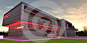 Purple glowing border on the lawn in front of contemporary house illuminated in red at night. View to the garage. 3d rendering