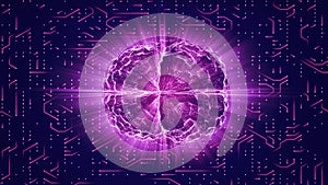 Purple glowing brain wired on neural surface or electronic conductors