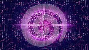 Purple glowing brain wired on neural surface or electronic conductors photo