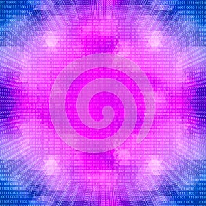 Purple glowing quantum processor on a binary code background