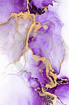 Purple gold abstract background of marble liquid ink art painting on paper .