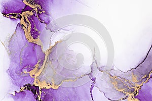 Purple gold abstract background of marble liquid ink art painting on paper .