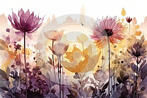Purple and gold flower garden, Watercolor, Tranquil and peaceful