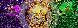 Purple, Gold, and Green Mardi Gras beads and masks photo