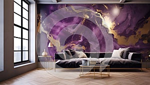 a purple and gold living room with a couch and coffee tables