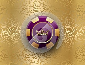 Purple gold poker chip glossy black jack poker club casino crown emblem on golden floral pattern background. Vector VIP casino