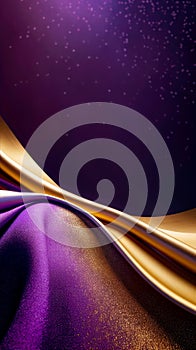 Purple and gold silk texture background. Abstract textile elegant luxury violet and golden banner. Satin wavy backdrop