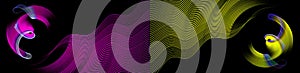Purple and golden green, wavy and curly transparent striped elements on a black background. Two abstract fractal backgrounds