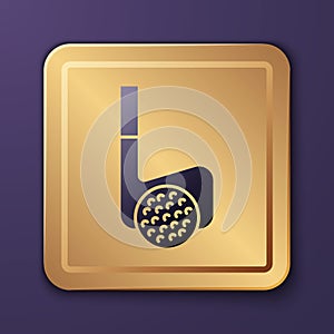 Purple Golf club with ball icon isolated on purple background. Gold square button. Vector