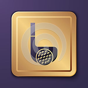 Purple Golf club with ball icon isolated on purple background. Gold square button. Vector
