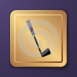 Purple Golf club icon isolated on purple background. Gold square button. Vector