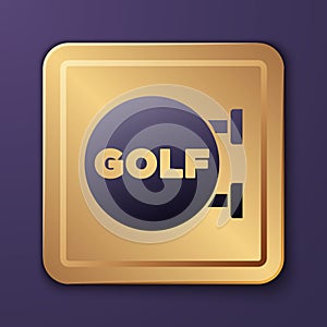 Purple Golf sport club icon isolated on purple background. Gold square button. Vector