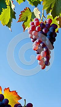 Purple grape bunch, grape leaves on a clean blue sky background, vertical wallpaper