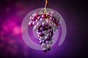 A purple grape cluster hangs from a stem against a purple background