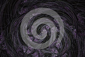 Purple gray pattern of crooked waves from threads on a black background.