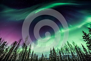 Purple and green Aurora borealis over beautiful curved tree line