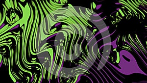 Purple and green curves glowing and mixing. Design. Moving liquid texture.