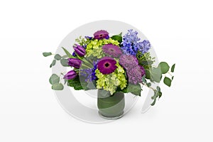 Purple and Green Flower Bouquet in a Vase with Tulips Daisies - Isolated on White - Florist