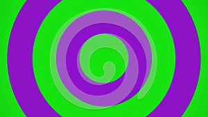 Purple and green slowly pulsating wide circles or rings, seamless loop. Design. 3D moving round lines.