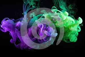 Purple green smoke black background. Color smoke. Water splash. Cosmic stardust.