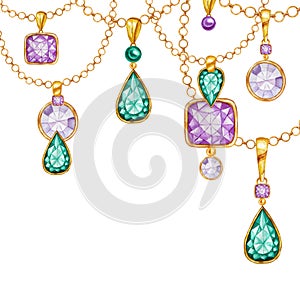 Purple and green square, round, drop crystal gemstone with gold element. Watercolor drawing Pendant with crystals on